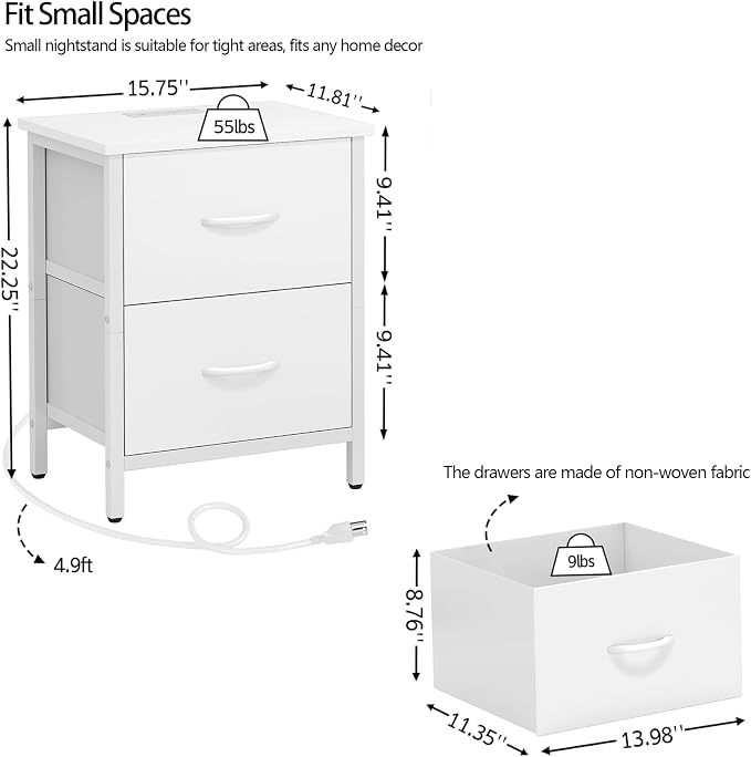Vagusicc Nightstand with Charging Station, Bedside Table with USB Ports and Outlet, End Table Side Table with 2 Fabric Drawers for Bedroom, Living Room, White