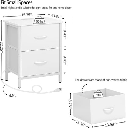 Vagusicc Nightstand with Charging Station, Bedside Table with USB Ports and Outlet, End Table Side Table with 2 Fabric Drawers for Bedroom, Living Room, White