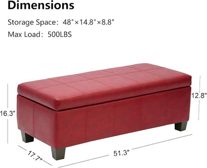 51 Inch Storage Ottoman, Storage Bench with Safety Hinge, Upholstered Synthetic Leather Ottoman Bench for Bedroom, Living Room, Entryway, Hallway, Foot Rest, Support 500lbs