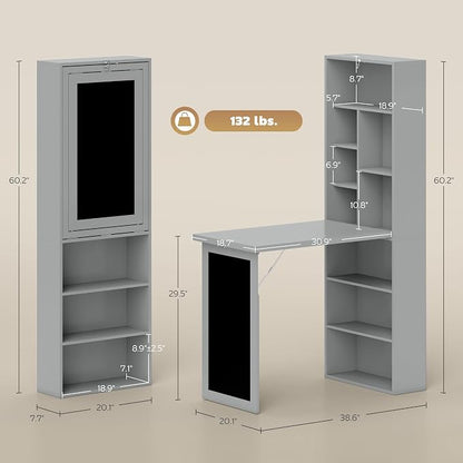 HOMCOM Foldable Convertible Writing Table, Wall Mounted Space-Saving Computer Desk with Chalkboard and Storage Shelves for Small Spaces, Home Office, Bedroom, Dorm, Apartment, Charcoal Gray