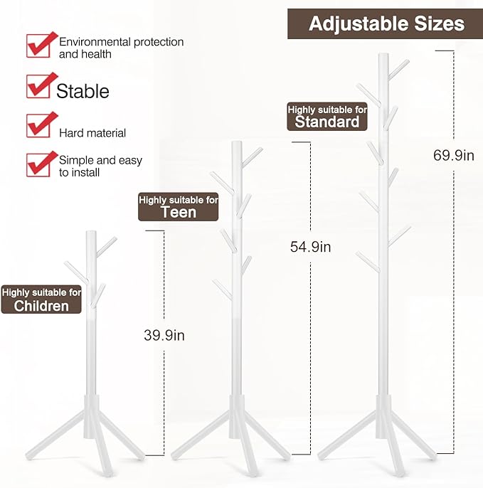 WANGMUXIA Coat Rack, Freestanding Coat Rack with 8 Hooks and 3 Adjustable Size Tree Coat Racks for Bedroom, Hallway, Entrance, Office, for Hats, Coats, Scarves, Handbags