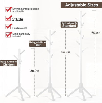WANGMUXIA Coat Rack, Freestanding Coat Rack with 8 Hooks and 3 Adjustable Size Tree Coat Racks for Bedroom, Hallway, Entrance, Office, for Hats, Coats, Scarves, Handbags