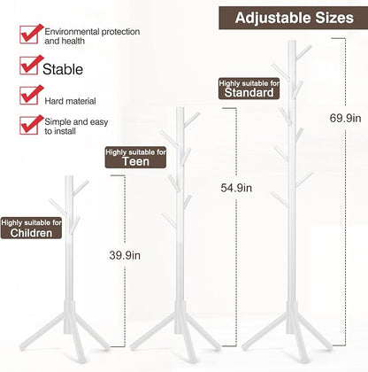 WANGMUXIA 2 PCS Coat Rack, Freestanding Coat Rack with 8 Hooks and 3 Adjustable Size Tree Coat Racks for Bedroom, Hallway, Entrance, Office, for Hats, Coats, Scarves, Handbags