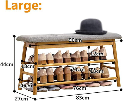 Shoe Rack Storage Bench, Bamboo Shoe Shelf with Cushioned Seat and Organizer Compartment, Upholstered Bench for Closet, Entryway, Hallway, Bedroom,90cm