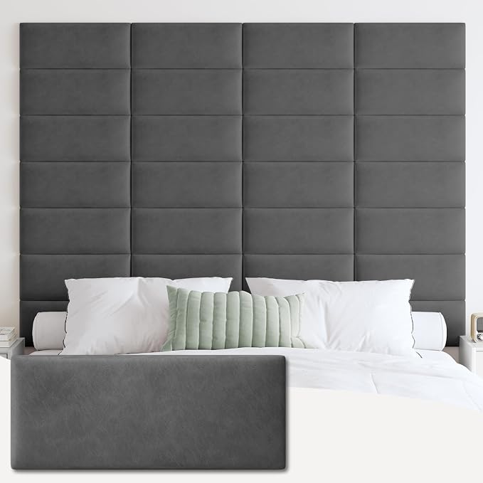 IFNOW Wall Mounted Upholstered Headboard Queen, 3D Peel and Stick Soundproof Panels, Reusable and Removable Padded Leather Bed Headboard, 9 Panels 9.84" x 23.62", Dark Grey