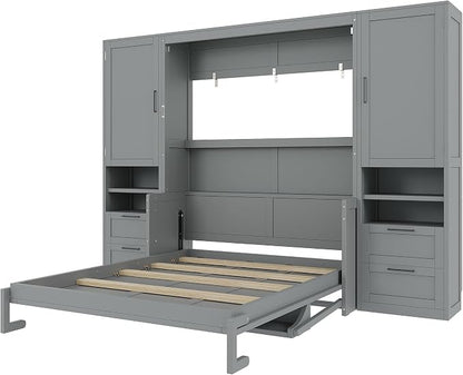Merax Queen Size Murphy Bed with Desk, Space-Saving Wall Bed Frame with Closet, Drawers and Shelves, Foldable Platform Bed for Small Spaces Studio Study Office Guest Room, Gray