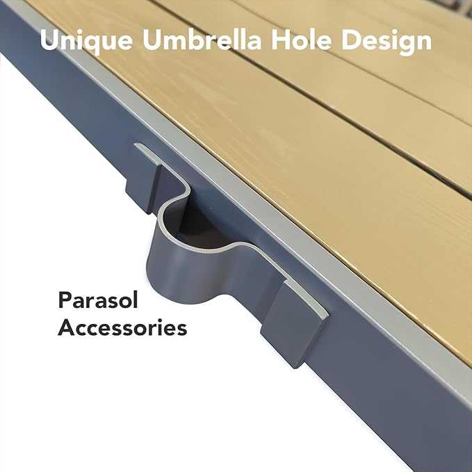Ahomly Patio Table and Chairs Set for 6, Outdoor Dining Set Includes 59.5" Rectangle Patio Table with Side Umbrella Hole and 6 Textilene Fabric Patio Chairs for Courtyard, Backyard, Pool, Grey&Brown