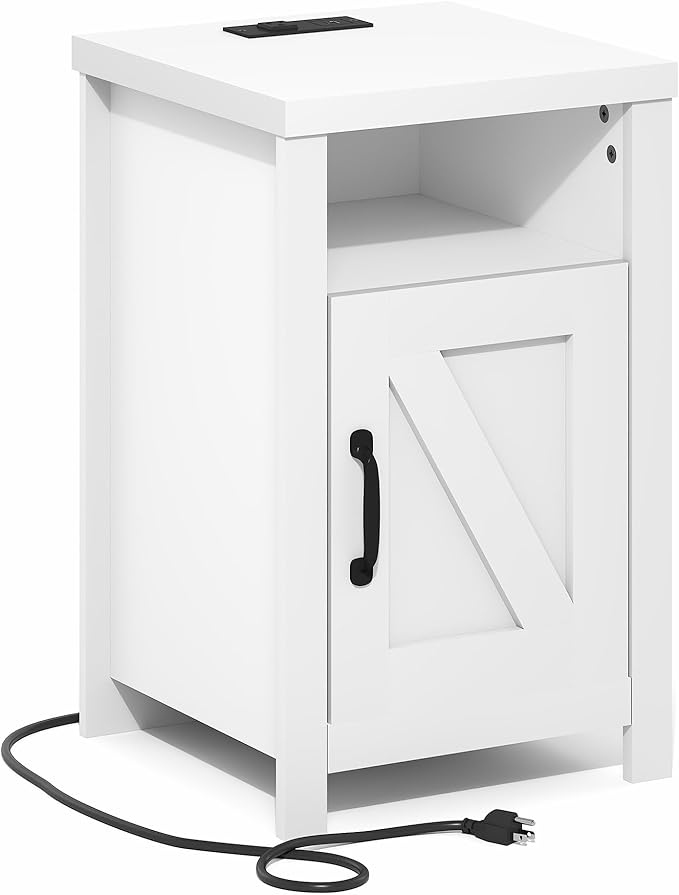 Furinno Farmhouse Night Stand with Charging Station, Bedside Table, Side Table, End Table with Door, USB Ports and Outlets, for Bedroom, Closet, Dorm, Plain White