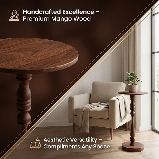 Relso Stambha Solid Wood Drink Table – 24" Tall Round Accent Side Table for Living Room or Bedroom, Narrow End Table or Indoor Plant Stand, Walnut Finish, Handcrafted Mango Wood Furniture