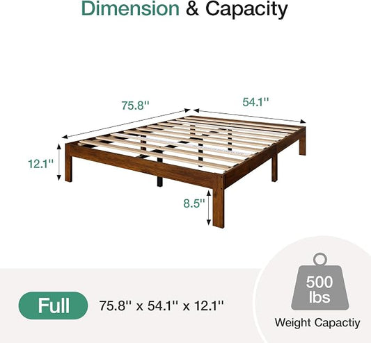 Novilla 12 Inch Full Size Bed Frame, Classic Solid Wooden Platform Bed Frame Full Size, Full Bed Frame Without Headboard, Sturdy Wood Slat Support, No Box Spring Needed, Easy Assembly, Walnut