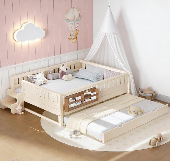 Bellemave Queen Size Kids Bed with high Rails and with Built-in Bookshelf and Trundle for Kids, Girls, Boys, Wood Montessori Bed Without Door, Beige