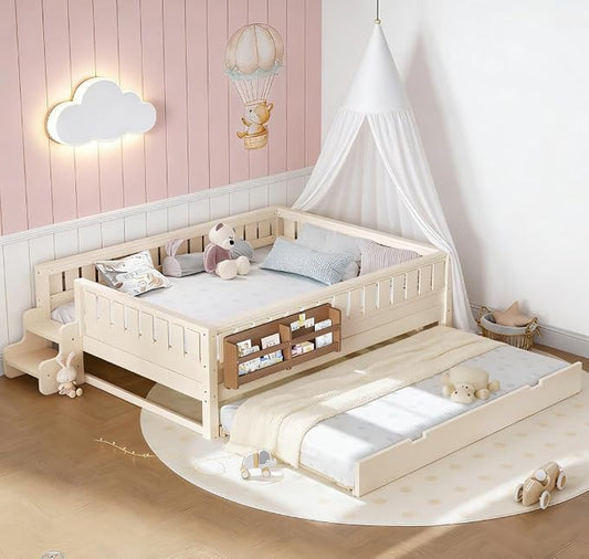 Bellemave Queen Size Kids Bed with high Rails and with Built-in Bookshelf and Trundle for Kids, Girls, Boys, Wood Montessori Bed Without Door, Beige