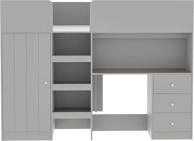 Ball & Cast Twin Size House Shape Loft Bed with Ladder & Safety Guardrail,Wooden Platform Bedframe W/Wardrobe & Under-Bed Play Space,Space-Saving,No Box Spring Needed,for Boy Girl Teens Bedroom,Grey
