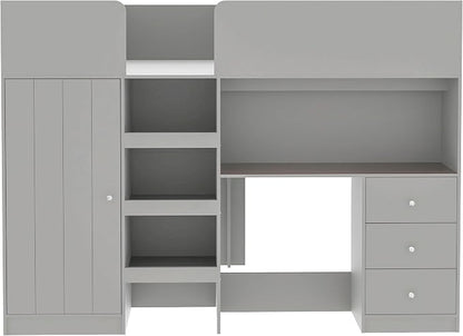 Ball & Cast Twin Size House Shape Loft Bed with Ladder & Safety Guardrail,Wooden Platform Bedframe W/Wardrobe & Under-Bed Play Space,Space-Saving,No Box Spring Needed,for Boy Girl Teens Bedroom,Grey