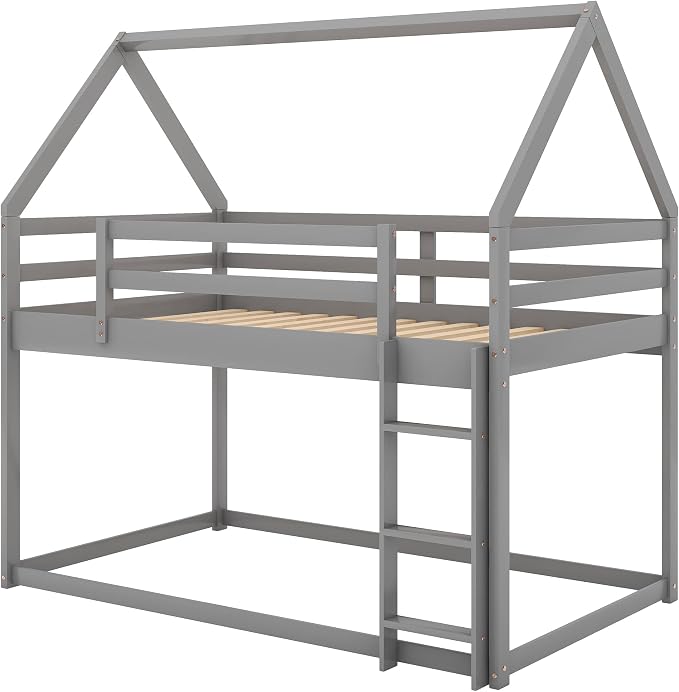 Merax Wood Montessori Bunk Bed with Ladder Twin Over Twin, Low Bunk Bed for Boys, Girls Space-Saving,No Box Spring Needed Gray