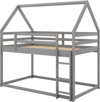 Merax Wood Montessori Bunk Bed with Ladder Twin Over Twin, Low Bunk Bed for Boys, Girls Space-Saving,No Box Spring Needed Gray