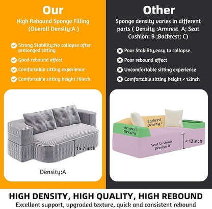 78.7" Futon Sofa Bed, 2-in-1 Foldable Sleeper Sofa, Convertible Floor Couch with Pillows, Corduroy Couch with Multi Functional Blanket Upholstered Boneless Couches for Living Room, Light Gray