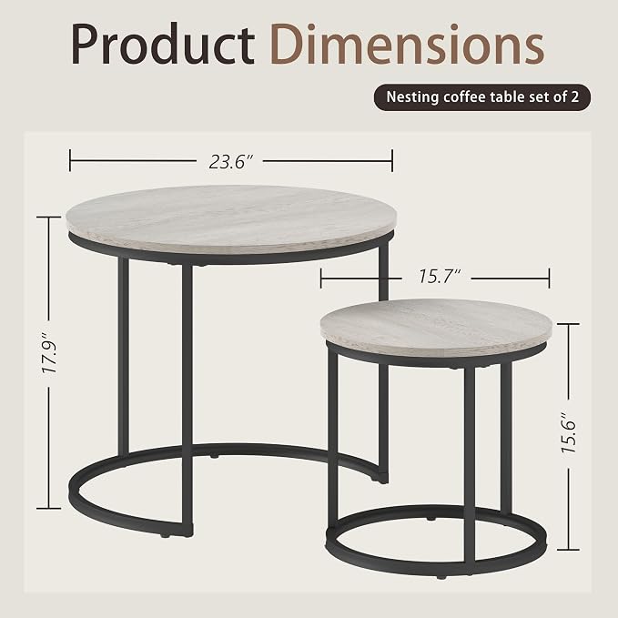 Otterease Nesting Tables Set of 2, Round Coffee Table, Small Nesting Coffee Table with Adjustable Non-Slip Fee, Wood Grain Top Nesting Tables for Living Room, Bedroom (Wood Grain Grey)