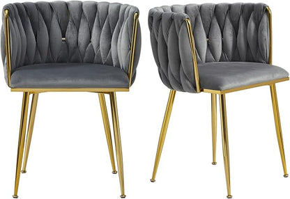 Velvet Dining Chairs Set of 2, Modern Upholstered Dining Room Chairs with Golden Metal Legs and Woven Backrest for Dining Room, Kitchen, Vanity, Living Room (Grey)
