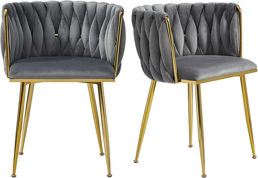 Velvet Dining Chairs Set of 2, Modern Upholstered Dining Room Chairs with Golden Metal Legs and Woven Backrest for Dining Room, Kitchen, Vanity, Living Room (Grey)