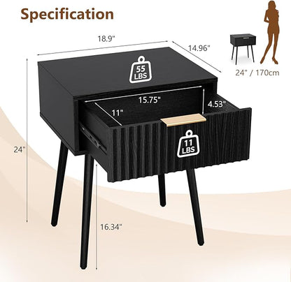 VINGLI Fluted Nightstand with Drawer, 19" W Mid Century Modern Nightstand for Bedroom, Bedside Table, End Tables Bedroom, Wood Night Stand, Black, 18.9" W*14.96" D*24" H