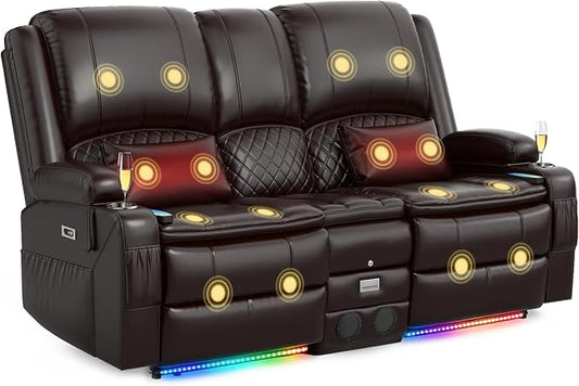 Power Recliner Loveseat Recliner with Massage and Lumbar Heating, Home Theater Reclining Loveseat with Flip Console, RV Couch Wall Hugger with 2 Speakers, Storage, USB, Outlet & LED (PU, Brown)