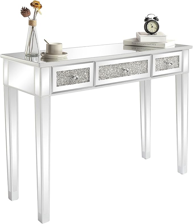 VINGLI Silver Mirrored Vanity Desk, Makeup Vanity Desk, Glass Desk with 3 Drawers, Glass Vanity for Women Girls Bedroom, Makeup Room & Office Writing Desk