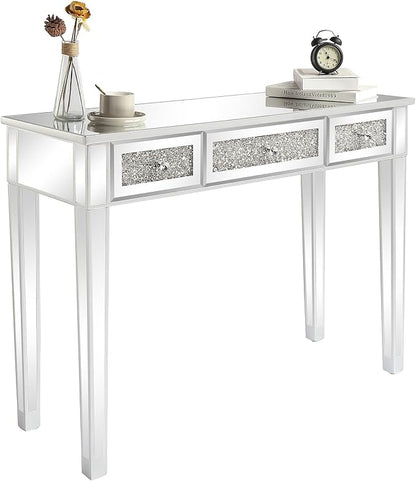 VINGLI Silver Mirrored Vanity Desk, Makeup Vanity Desk, Glass Desk with 3 Drawers, Glass Vanity for Women Girls Bedroom, Makeup Room & Office Writing Desk