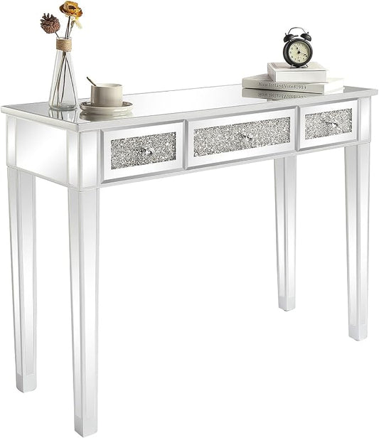 VINGLI Silver Mirrored Vanity Desk, Makeup Vanity Desk, Glass Desk with 3 Drawers, Glass Vanity for Women Girls Bedroom, Makeup Room & Office Writing Desk