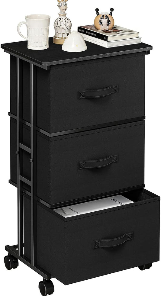 3 Drawers Dresser with Wheels, Storage Organizer with Removable Fabric Bins and Steel Frame, Small Nightstand Dresser for Bedroom Office, Entryway, Ink Black