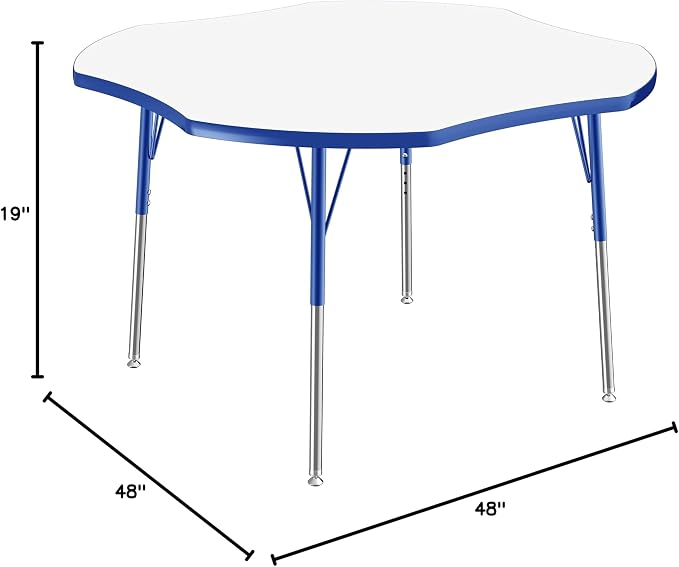FDP Dry-Erase Clover Activity School and Office Table (48 x 48 inch), Standard Legs with Swivel Glides for Collaborative Spaces, Adjustable Height 19-30 inches - Whiteboard Top, Blue Edge and Legs