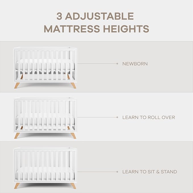 Comfy Cubs Baby Crib for 0 to 3 Years - Adjustable Mattress Height, Natural Wooden Crib for Baby, Elegant Nursery Furniture - 80 lbs Capacity Nursery Bed - White Bars and Frame with Natural Wood Leg