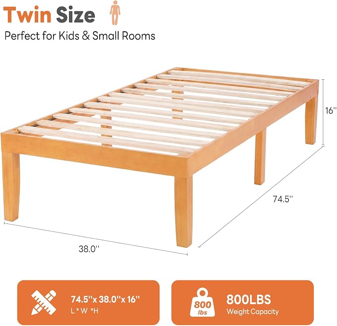 Sweetcrispy Twin Size Bed Frame 16 inch Heavy Duty Platform Bedframe, 500 lbs Capacity, Underbed Storage, No Box Spring Needed, Wooden Slats, Easy Assembly with Velcro, Honey Finish