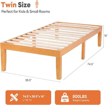 Sweetcrispy Twin Size Bed Frame 16 inch Heavy Duty Platform Bedframe, 500 lbs Capacity, Underbed Storage, No Box Spring Needed, Wooden Slats, Easy Assembly with Velcro, Honey Finish