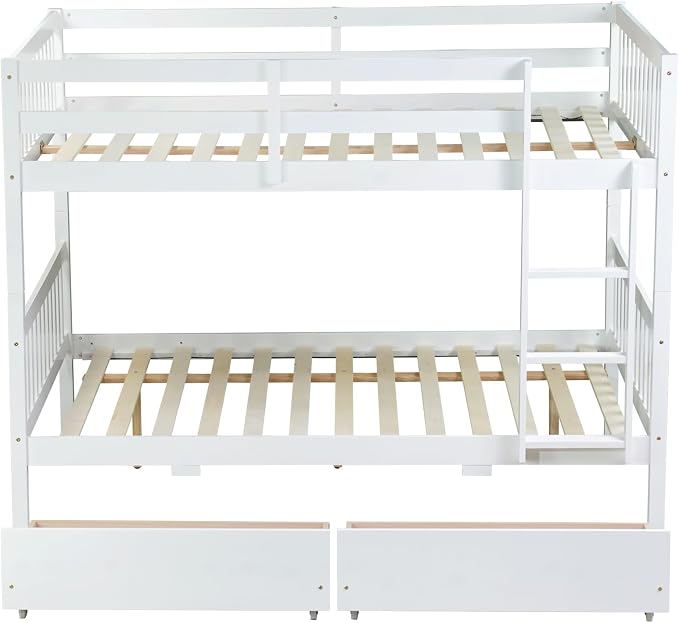 Ball & Cast Full Over Full Wood Bunk Bed for Kids,Convertible Storage Bunk Bed with Two Storage Drawers and Ladder,Can Be Divided Into Two Full Size Daybeds,No Box Spring Required,White