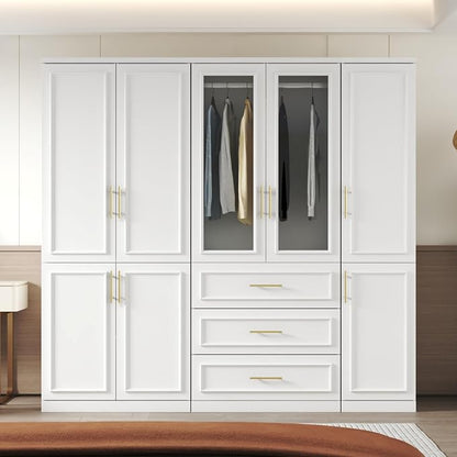 Timechee Almirah for Clothes, White Large Wardrobe Closet System, Bedroom Storage Cabinets with Tempered Glass Doors and Shelves,Hanging Rods, Standing Armoire Wardrobe Closet with Drawers for Bedroom