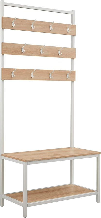 Linon Shaymus White Metal Hall Tree with Natural Wooden Topped Bench and Shelf with Multiple Hanging Hooks