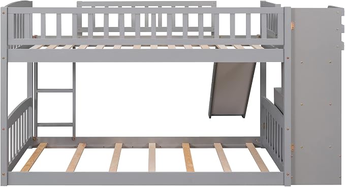 Ball & Cast Twin Over Twin Size Bunk Bed with Two Drawers and Slide,Wood Bunkbed w/Full-Length Guardrails & Storage Convertible Ladder,Space Saving,Slat Support,Bedframe for Child's BedroomGray