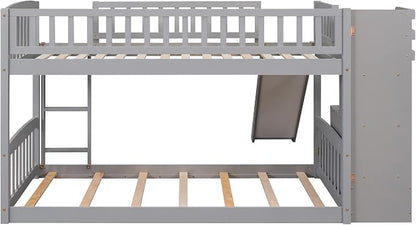 Ball & Cast Twin Over Twin Size Bunk Bed with Two Drawers and Slide,Wood Bunkbed w/Full-Length Guardrails & Storage Convertible Ladder,Space Saving,Slat Support,Bedframe for Child's BedroomGray