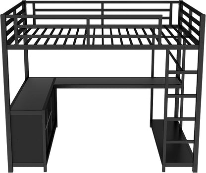Bellemave Full Size loft Bed with L Desk, Wardrobe, Metal Full Loft Bed Frame for Adults, Kids, Teens, Black
