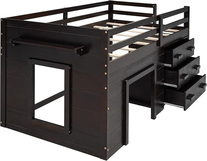 Bellemave Twin Size Low loft Bed for Kids,Wood Modern Farmhouse Twin Loft Bed with and Drawer Storage, No Box Spring Needed, Espresso