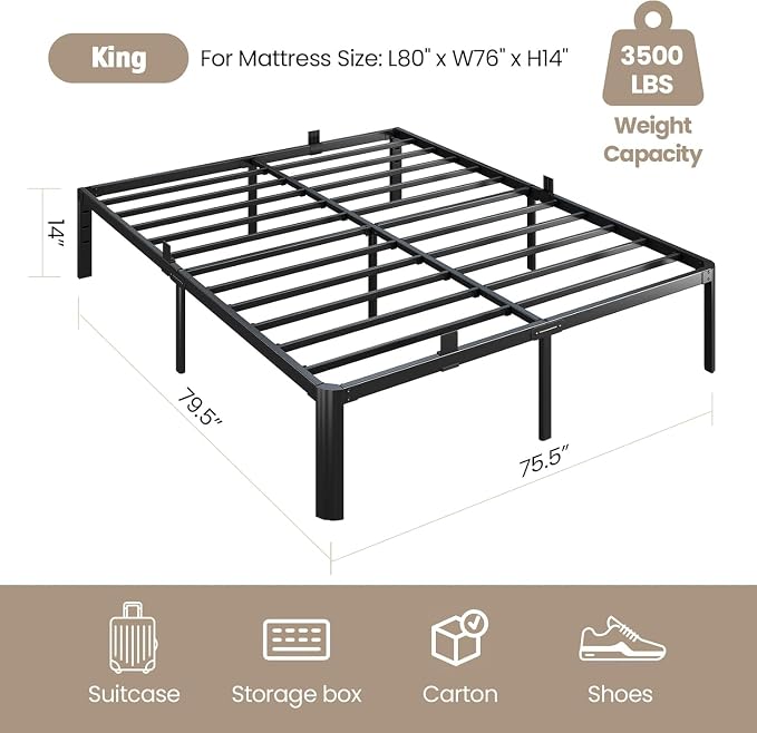Metal Bed Frame King Size, 14 Inch 3500 lbs Heavy Duty Platform Bed Frames Steel Slats Noise Free No Box Spring Needed, Easy Assemble Sturdy Bedframe with Storage and Mattress Retainers