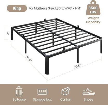 Metal Bed Frame King Size, 14 Inch 3500 lbs Heavy Duty Platform Bed Frames Steel Slats Noise Free No Box Spring Needed, Easy Assemble Sturdy Bedframe with Storage and Mattress Retainers