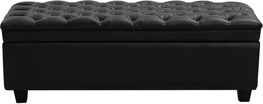 WUTUTUEE 50" Faux Leather Storage Ottoman Bench, End of Bed Upholstered Rectangle Storage Ottoman Tufted Living Room Bedroom Bench with Safety Hinge, Solid Wood Legs, Loads 500 lb(Black)