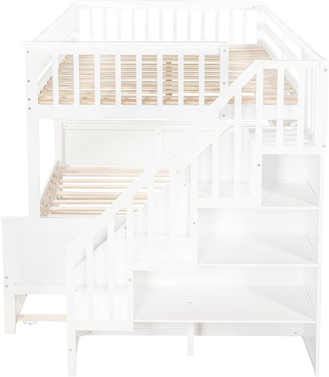 Modern Bunk Bed Full XL Over Queen Size with Storage Shelves and Staircase, Solid Wood Bunk Bed Frame with Trundle and LED Light for Kids Teens Adults (White-3.9)