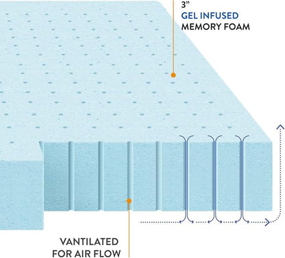 Best Price Mattress 3 Inch Ventilated Memory Foam Mattress Topper, Cooling Gel Infusion, CertiPUR-US Certified, Short Queen, Dorm Essentials, Blue
