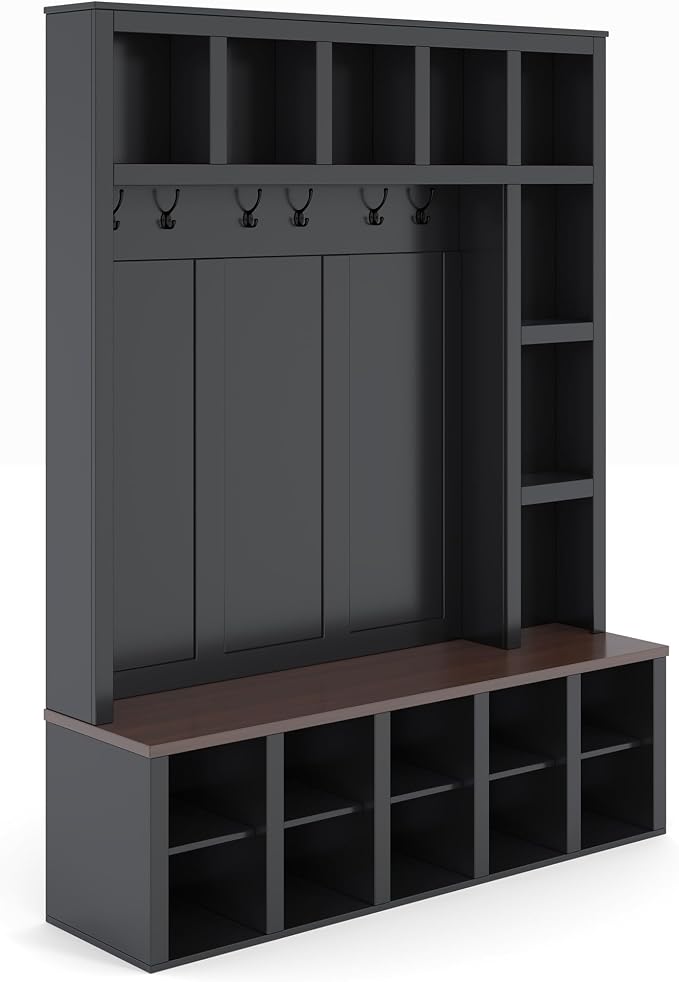 Hall Tree with Bench and Shoe Storage,Shoe and Coat Rack with Drawer and Hooks,Farmhouse Furniture for Entryway,Mudroom,Living Room,Black (Black, 59.2")