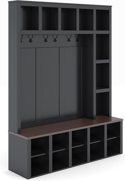 Hall Tree with Bench and Shoe Storage,Shoe and Coat Rack with Drawer and Hooks,Farmhouse Furniture for Entryway,Mudroom,Living Room,Black (Black, 59.2")