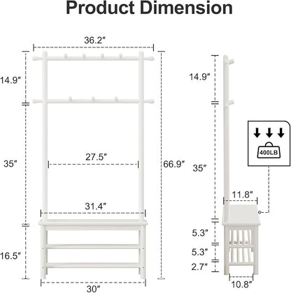 AQIMUELE Coat Rack with Shoe Storage, Wooden Hall Tree with Bench, 11 Hooks and 2-Tier Storage Shelves, 3-in-1, Entryway Bench with Coat Rack (31.5"-White)