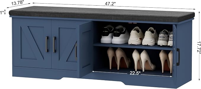 HOMSHO Farmhouse Shoe Storage Bench with 4 Barn Doors & Padded Seat Cushion | 47.2" Wide Entryway Bench with Adjustable Shelves & Hidden Storage, Blue